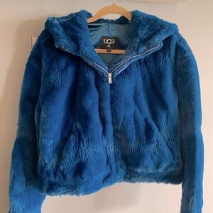 XS Ugg faux fur hooded turquoise jacket.